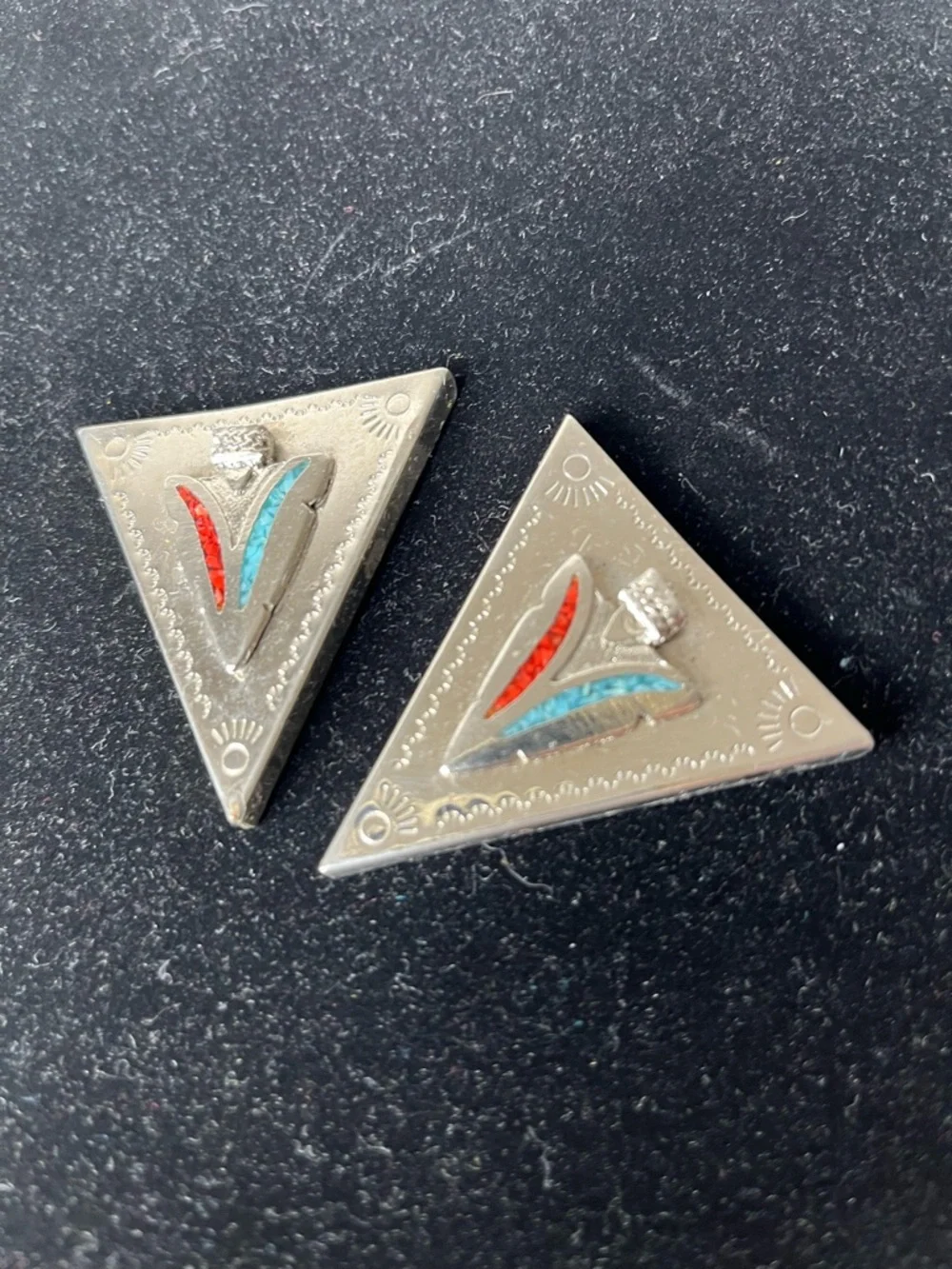 Triangular Sterling Silver collar clips with Red & Turquoise Inlay